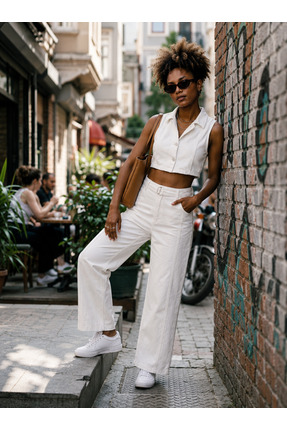 SOLİS MODA kadın ekru denim takım crop geniş paça pantolon