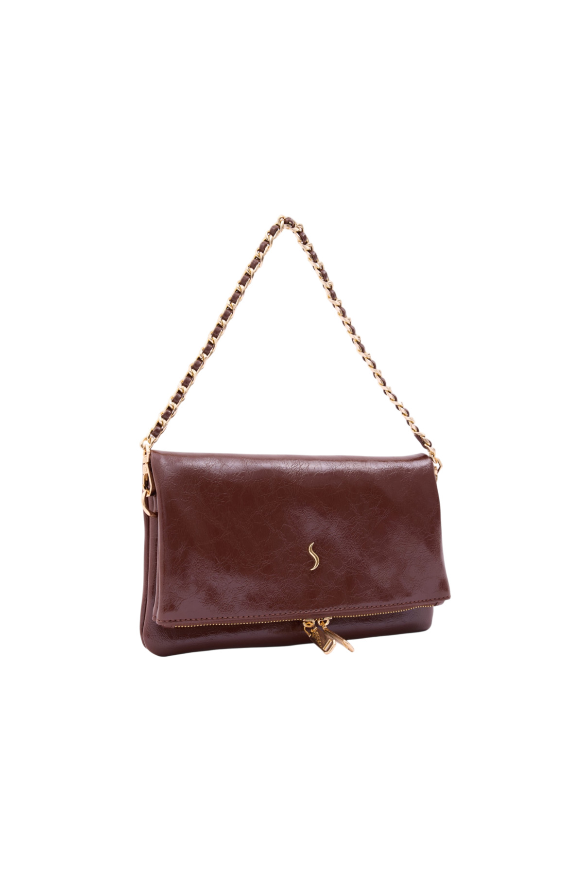 Santini Collection Kadın Çanta Çapraz Çanta Askılı Kol Çantası Omuz Çantası Çift Zincir Askılı Clutch El Çantası, Kahverengi Lior Fold görsel 3