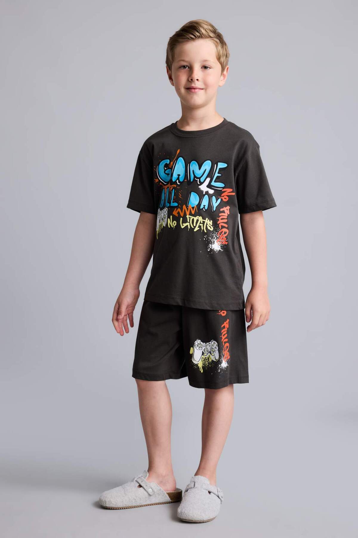 Defacto 100% Cotton 2-Piece Pajama Set Short Sleeve Pajama Top Shorts Pajama Bottom Boys H5400A826Hs