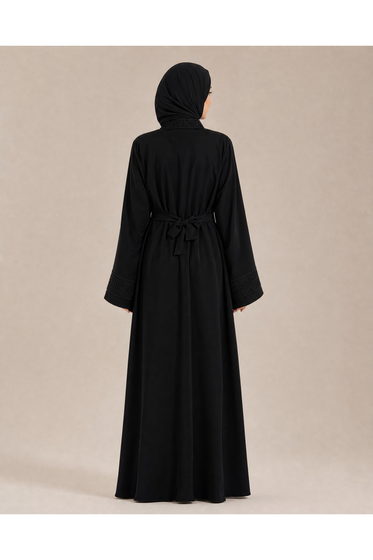 ZENYA Abaya Alara Siyah Nakış İşlemeli Kuşaklı İçlikli Tesettür