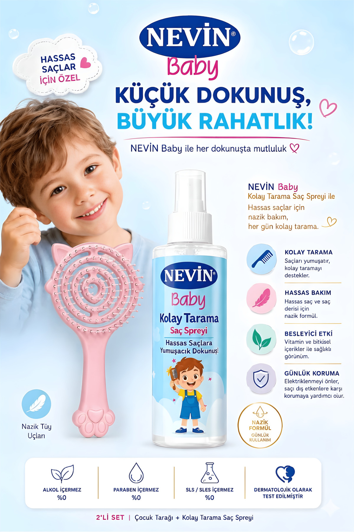 nevin Kolay Tarama Saç Spreyi ve Çocuk Tarak Seti - Hassas Saçlar İçin Nazik Bakım — EGARNEVİNSET1