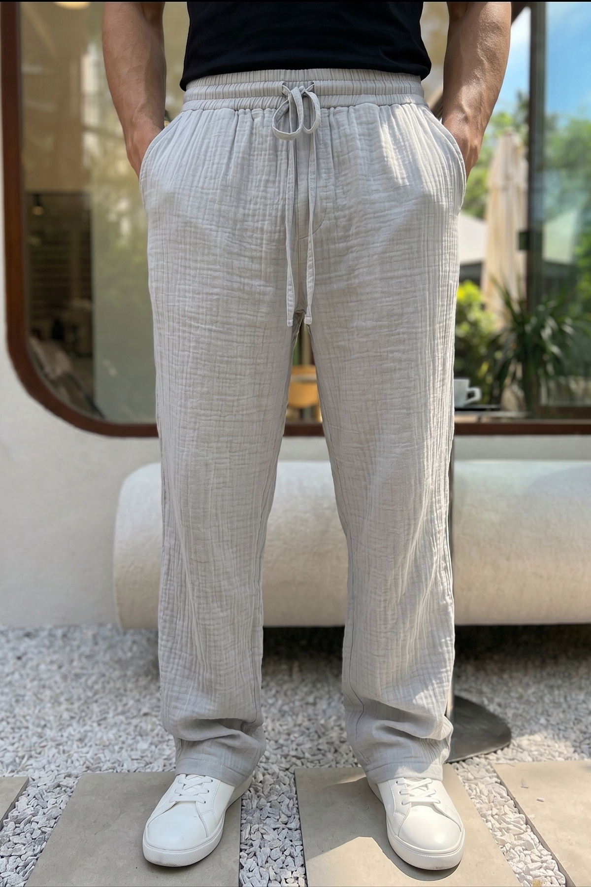 Balve 100% Cotton Baggy Muslin Fabric Men's Pants Lace-up Elastic Waist Summer Pants