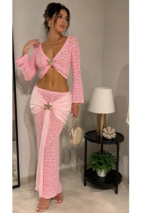 ruyaguneyboutique Gold Aksesuar Detaylı Pembe Etek Takım
