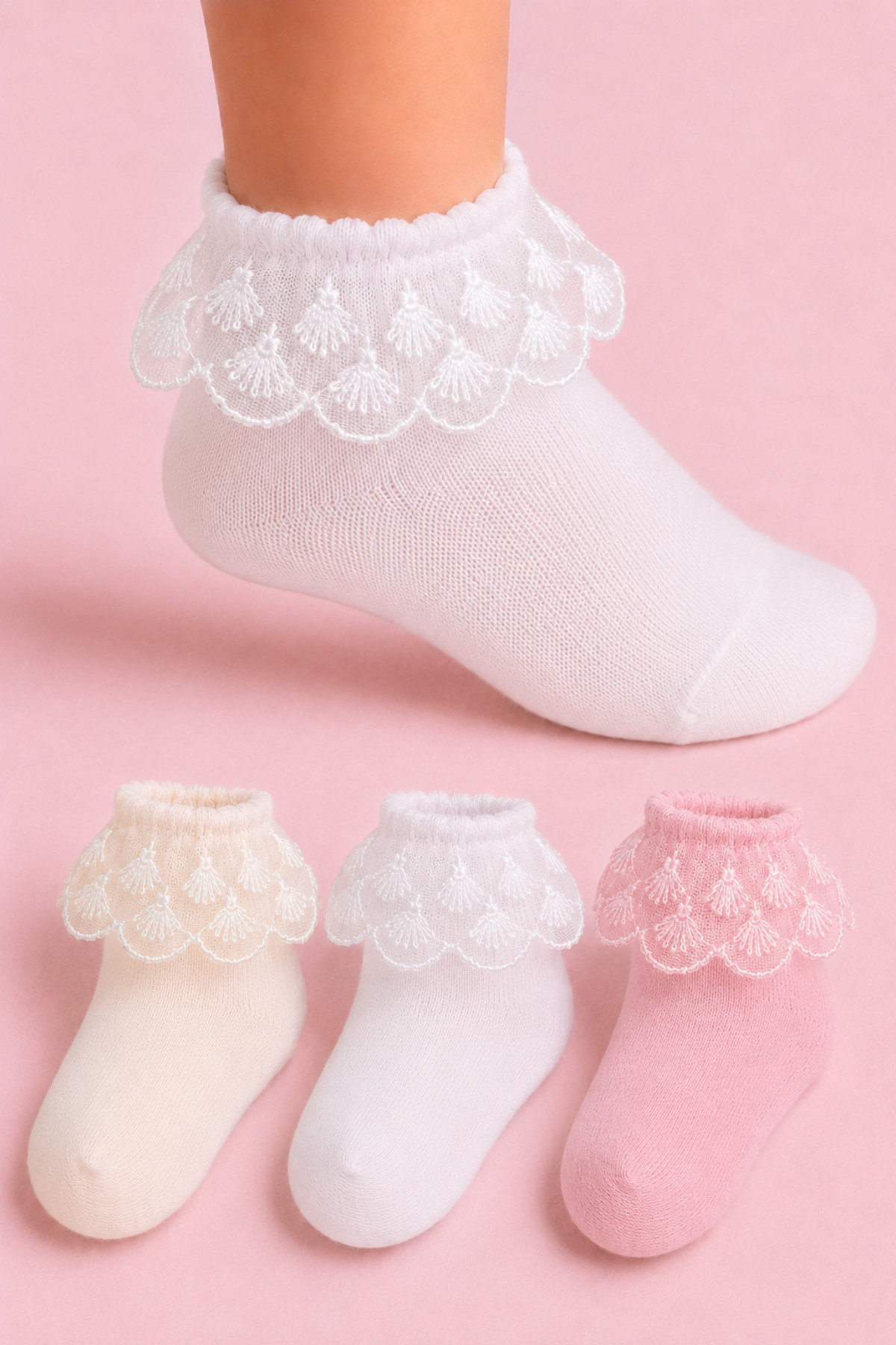 3 Pairs Soft Oyster Lace Frilly Girls Socks