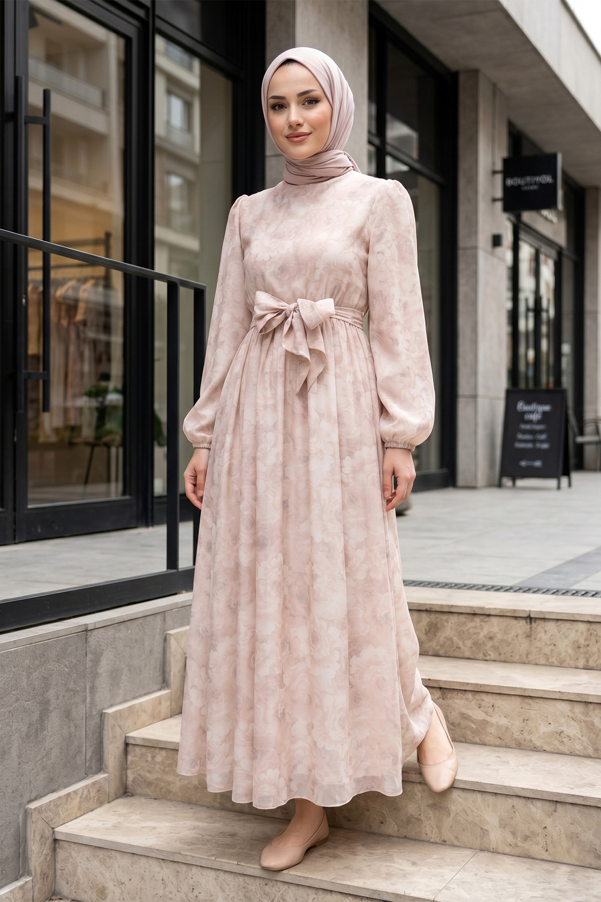 Women's Balloon Sleeve Lined Tulle Summer Dress with Belt - Beige