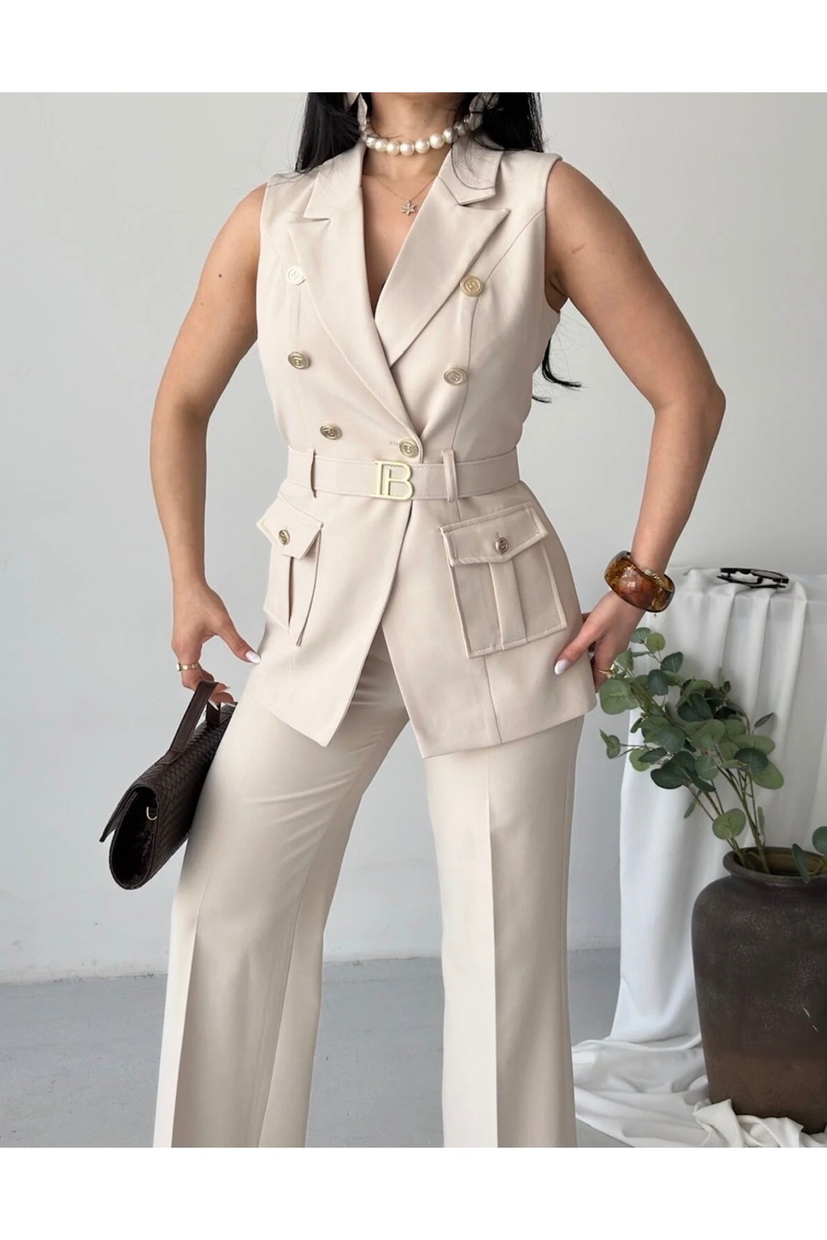Gold Buttoned Vest Pants Blazer Set with Belt Accessory