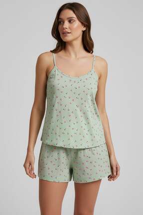 Kompedan Kadın İp Askılı Yumuşak Dokulu Çiçek Desenli Şortlu Pijama Takım | M...