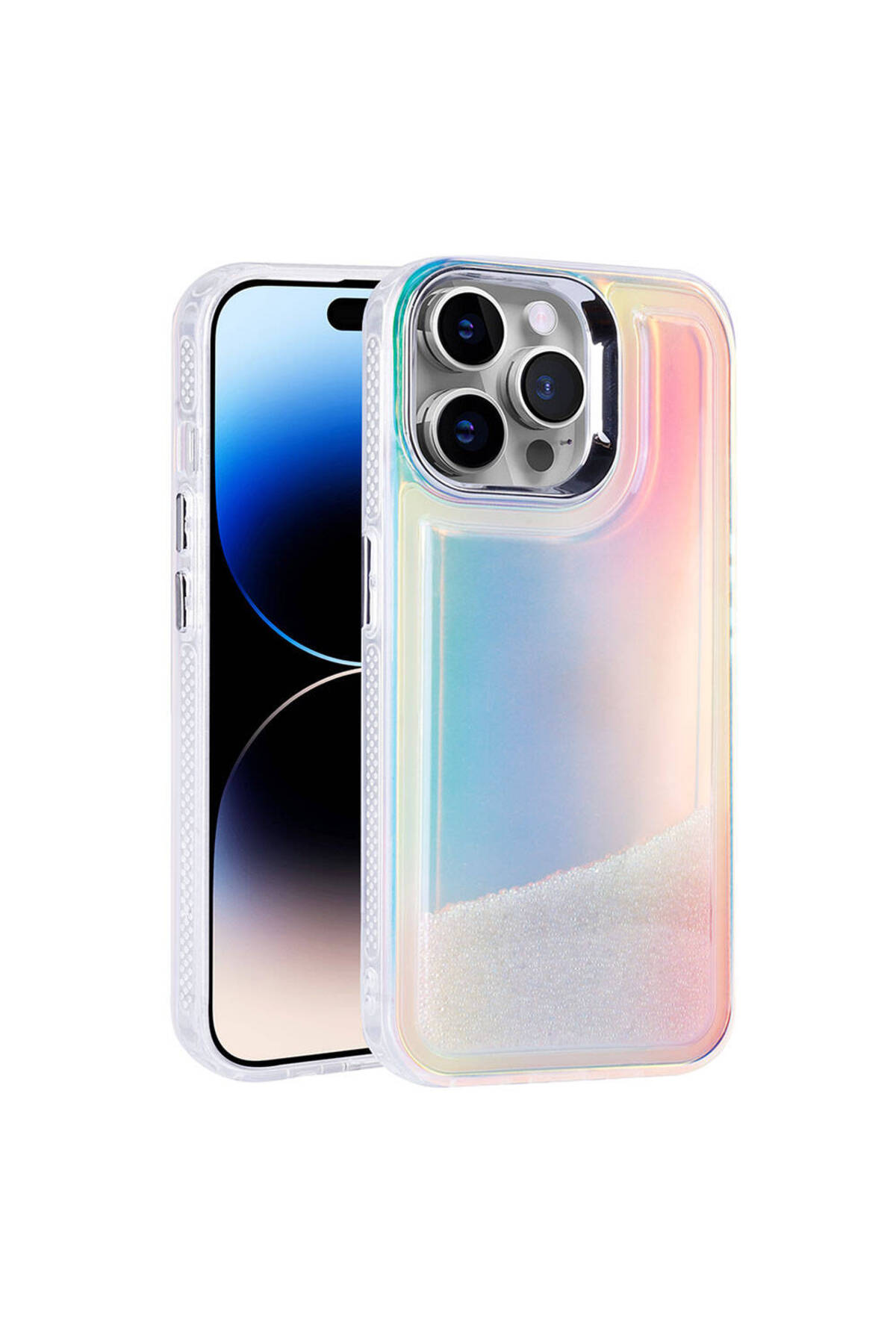 iPhone 14 Pro Max Kılıf Airbagli Renkli Arka Yüzey Boncuk Tasarımlı NVTH Kumul Kapak - Şeffaf