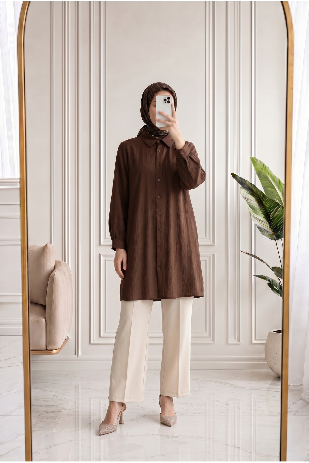 Benice Slit Detail Long Tunic-AS5976 Brown