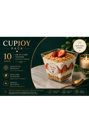 CupJoy Prizma Tatlı Kabı 200cc 10 Adet Şeffaf Plastik Sunum Kabı İsim Etiketi...