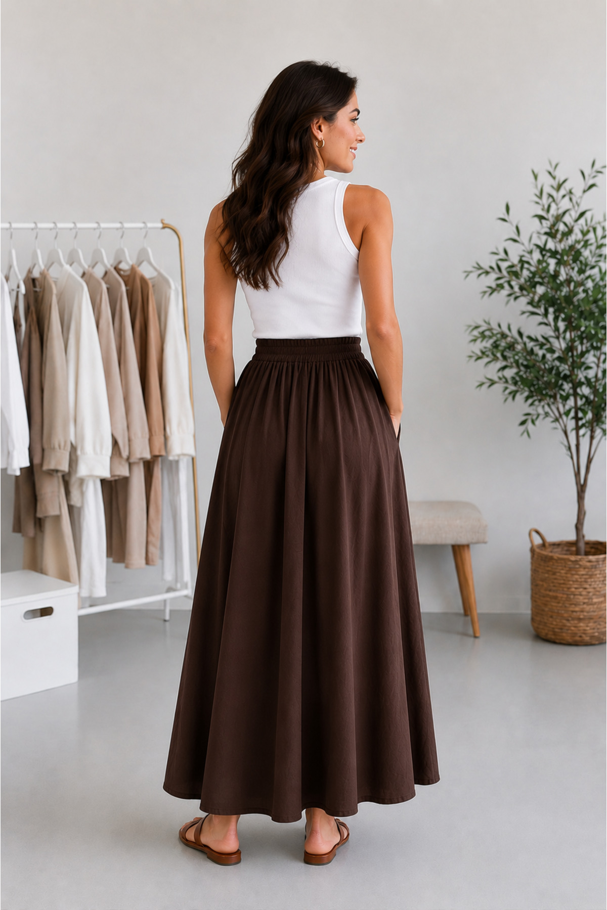 Dream Style  Kadın Tencel Kumaş Beli Lastikli Cep Detaylı Etek - Görsel 3