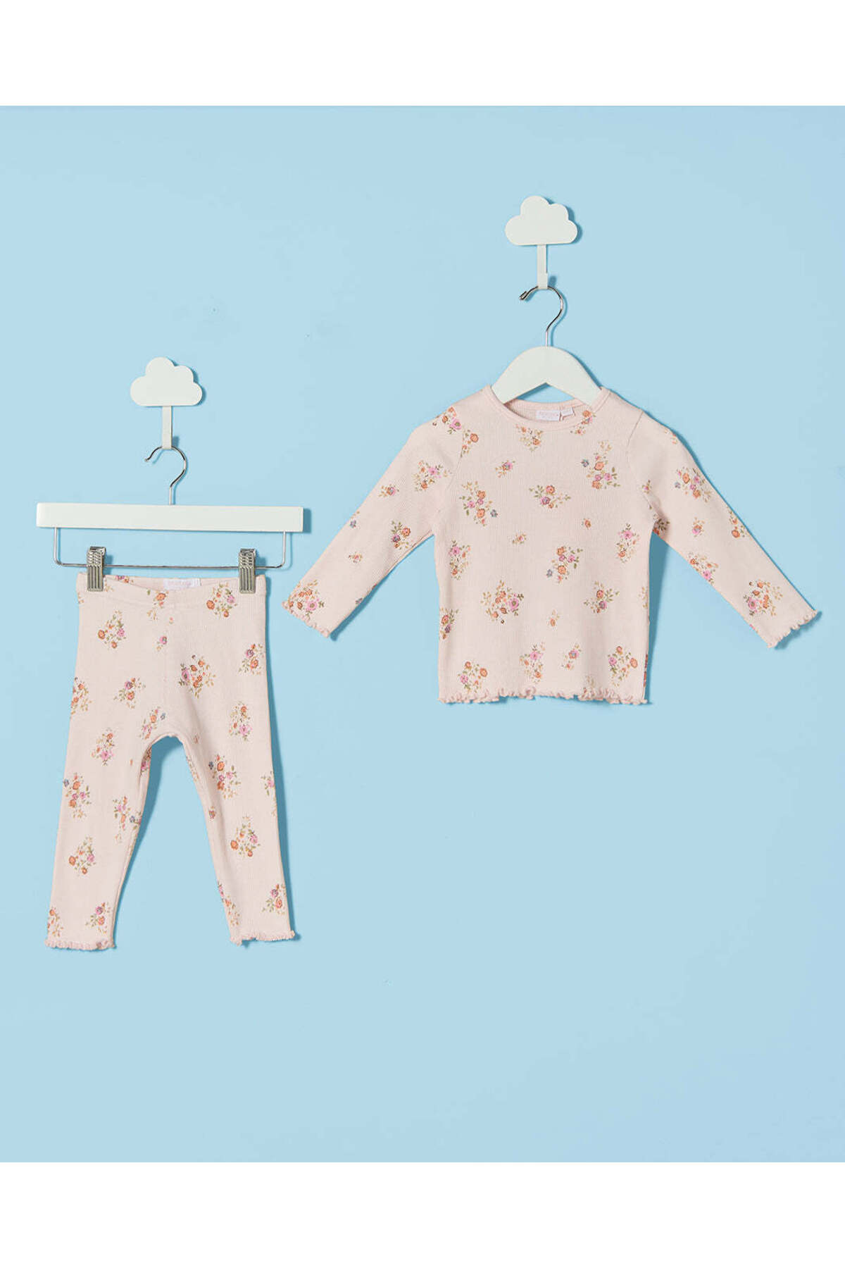 REDTAG Infant Girls Pink Floral Rib Pyjama Set