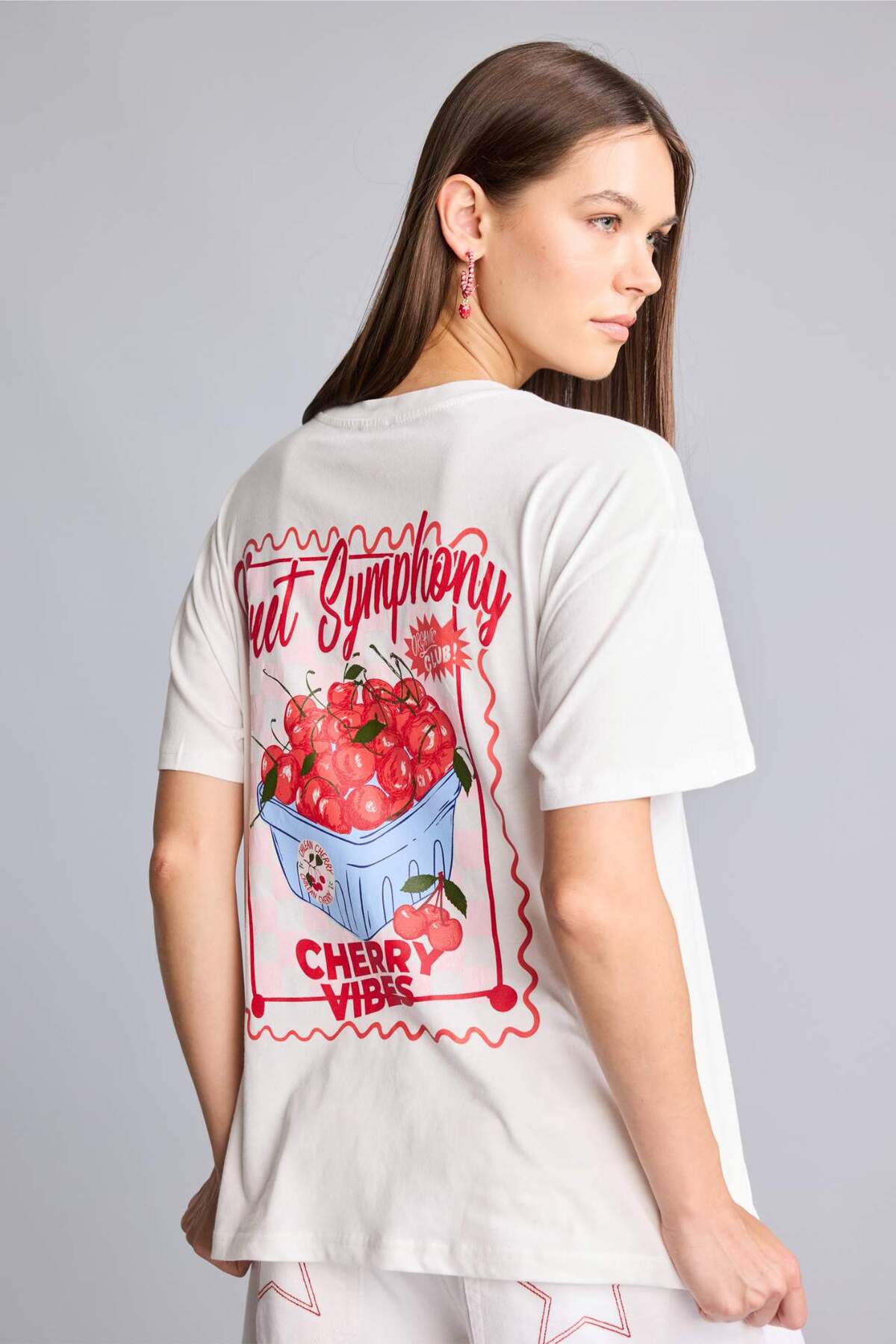 Defacto 100% Cotton Oversized Crew Neck Back Printed Short Sleeve White T-Shirt I0111Ax26Hs