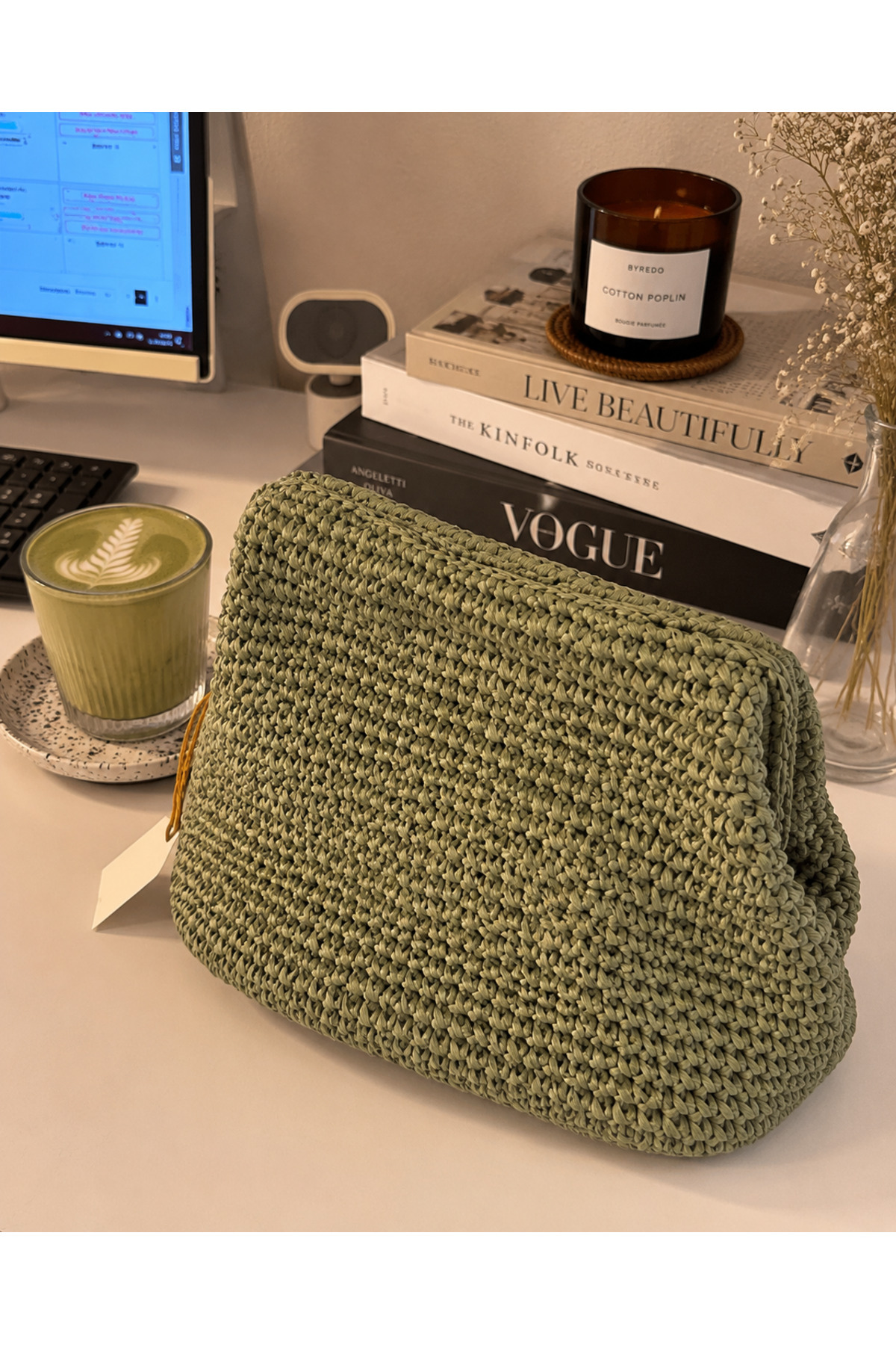 asellya sağlıklı yaşam Örgü Hasır Clutch Yeşil Kadın Çanta 35 x 20 görsel 3