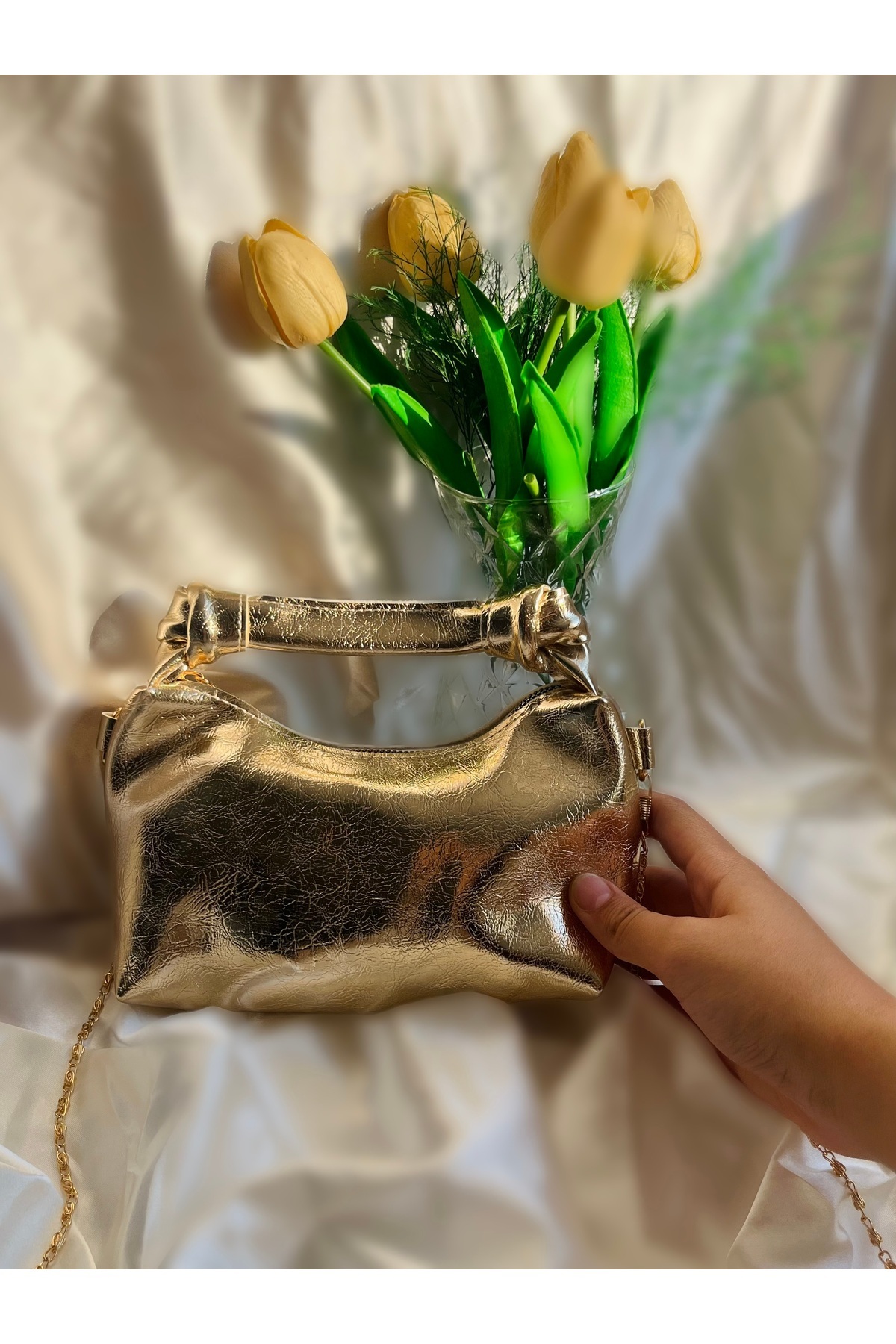 SANTA FLEX Gold Soft Modern Deri Şık Burgu Detaylı Zarif Zincir Askılı El Ve Omuz Çantası U:14 E:22 G:8 Cm görsel 2