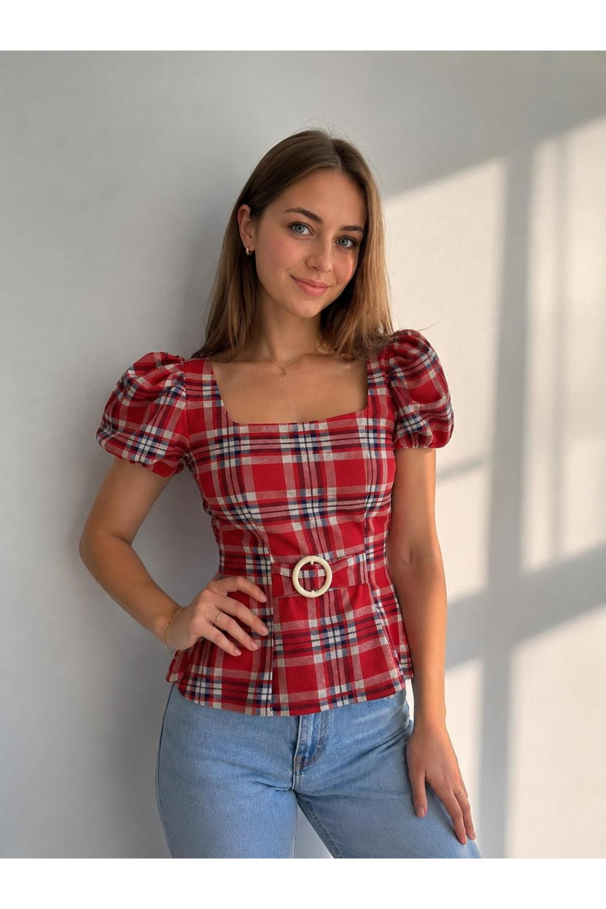 Lrscollection  kırmızı krem bluz - Görsel 3