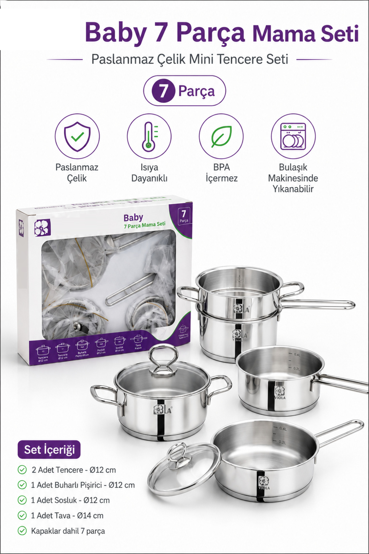 Baby 7-Piece Stainless Steel Food Set Mini Cookware Pan Sauce Bowl Steamer Sauce Milk Snack Pot