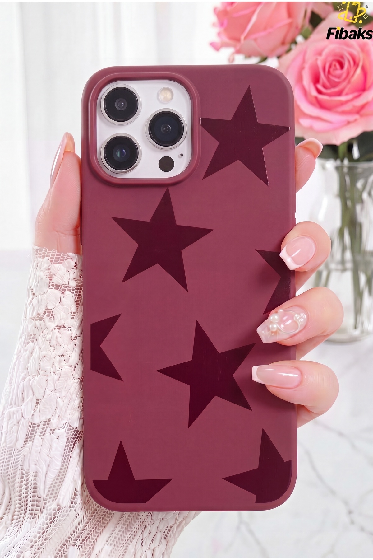 iPhone 14 Pro Max Case Burgundy Star Patterned Silicone Shock Absorber Classic Silicone Cover