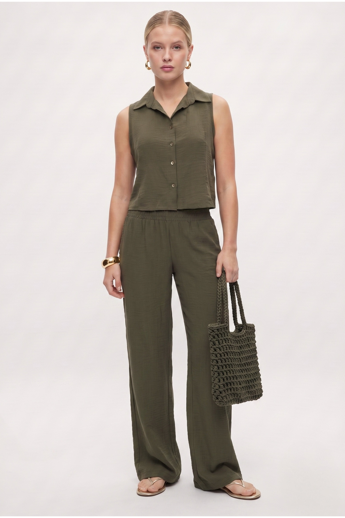 Women's Alfie Zero Sleeve Shirt Waist Elastic Pants Woven Khaki Bottom Top Set