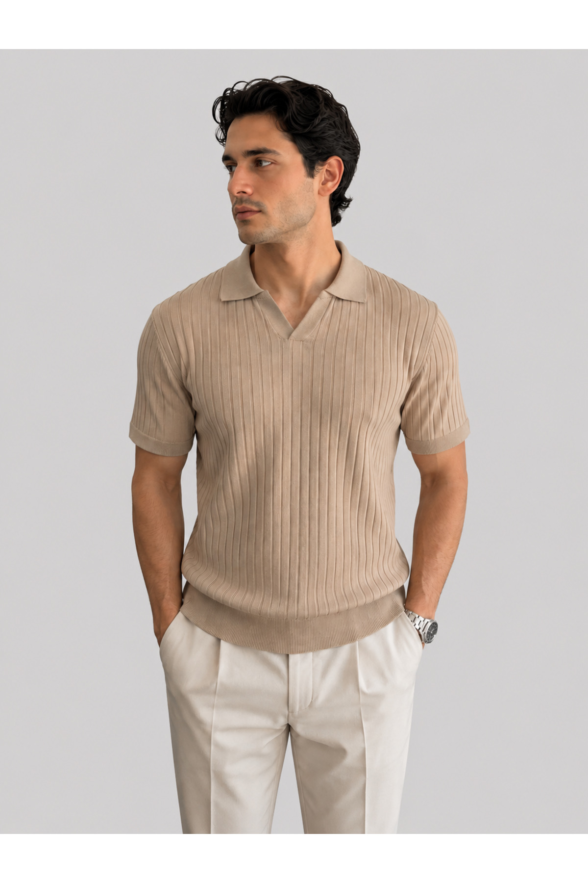 MODASPARK Beige Polo V-Neck Short Sleeve Men's T-Shirt