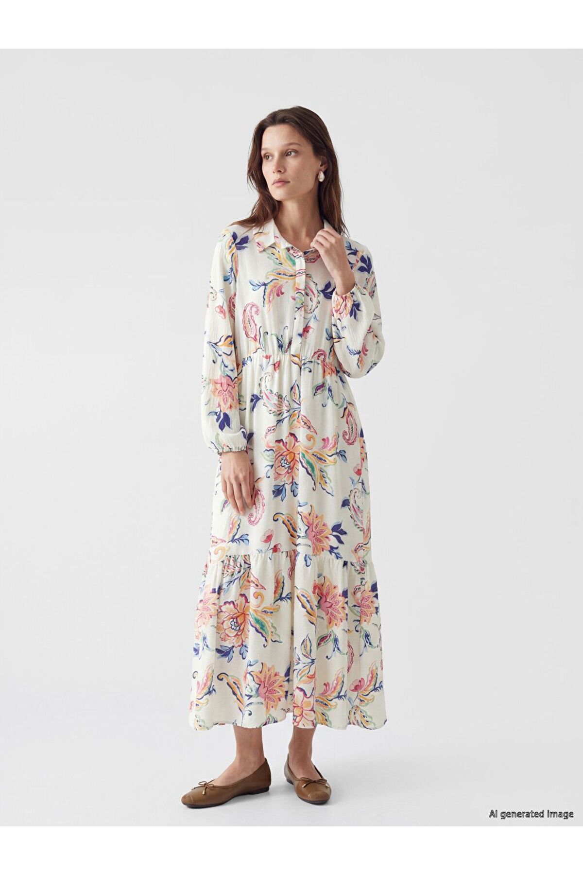 LC Waikiki Lcw Modest Ecru Shirt Collar Patterned Waist Fit Women's Dress
