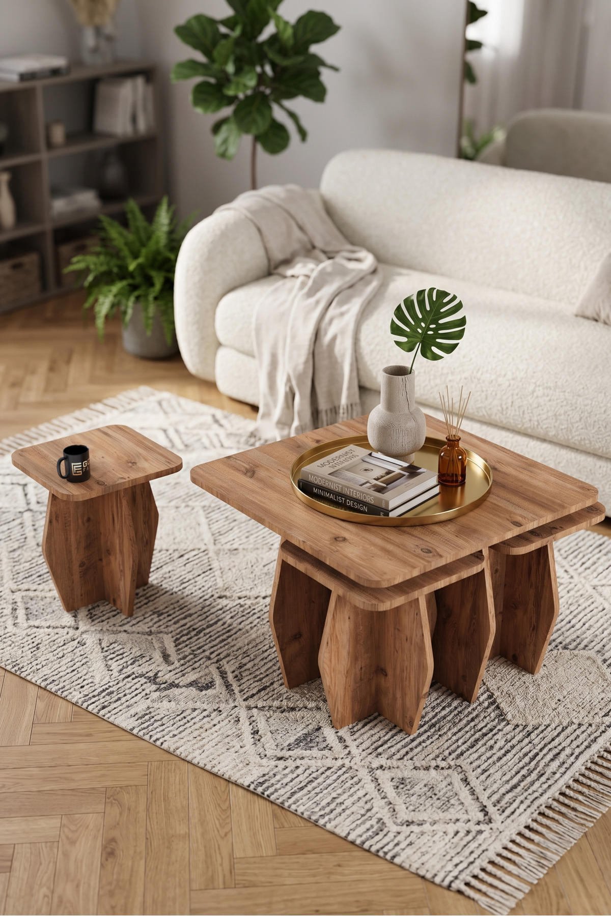 Orta Sehpa Ve Zigon Sehpa 5'li Set Modern Çok Amaçlı Salon Oturma Odası Yan Sehpa 9248 Atlantik Çam görsel 2