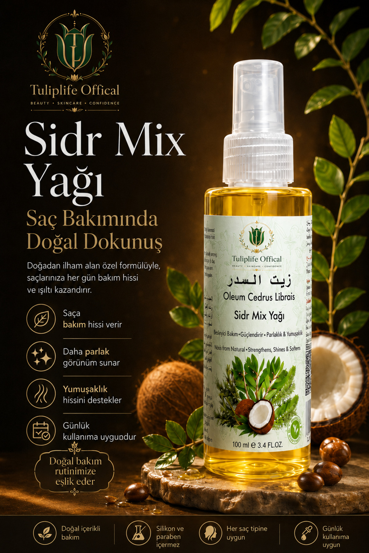 Tuliplifeoffical Sidr Mix Yağı Saç Bakımı İçin Besleyici Parlaklık ve Yumuşaklık Destekleyici Yağ 100 ml — veylnsidr