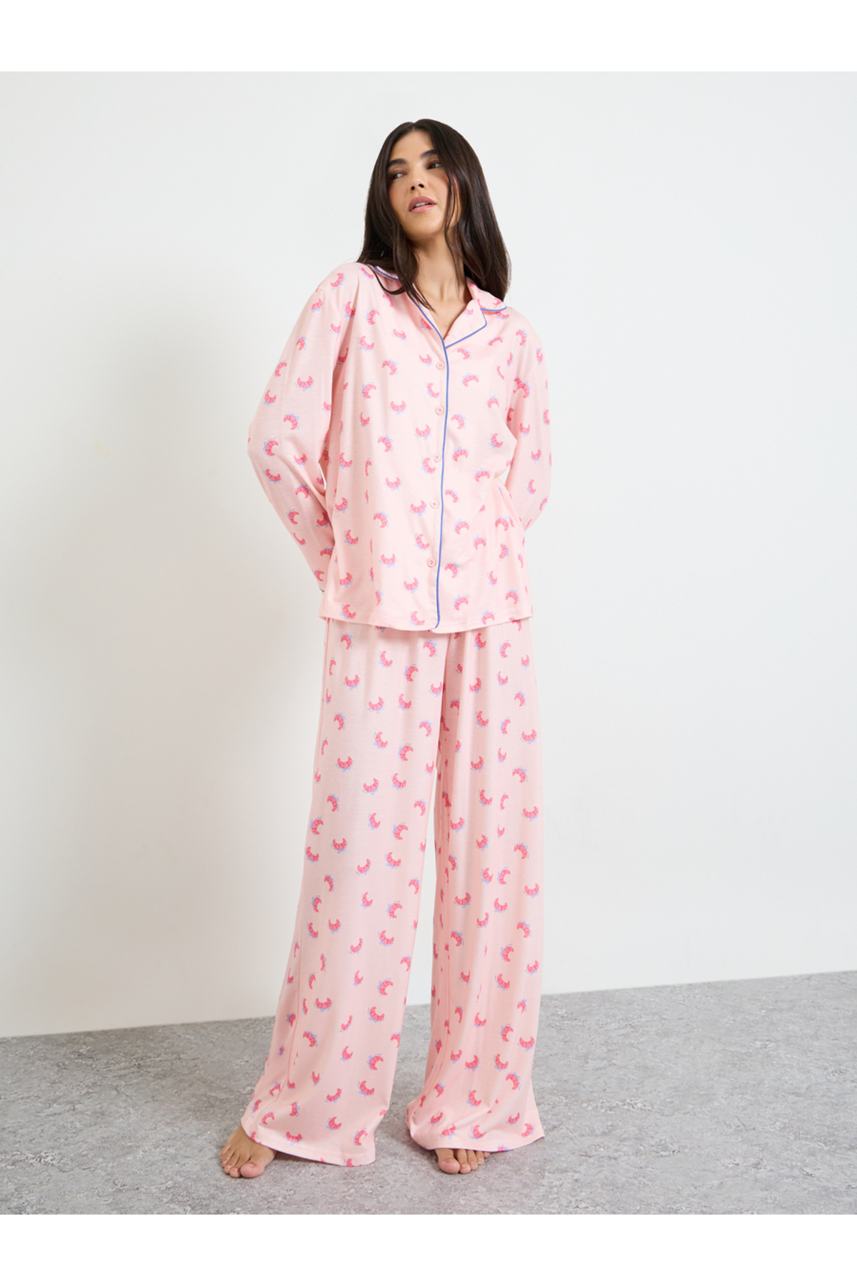 Styli Pink Croissant Bow Piped Long Sleeve Shirt and Pyjama Set