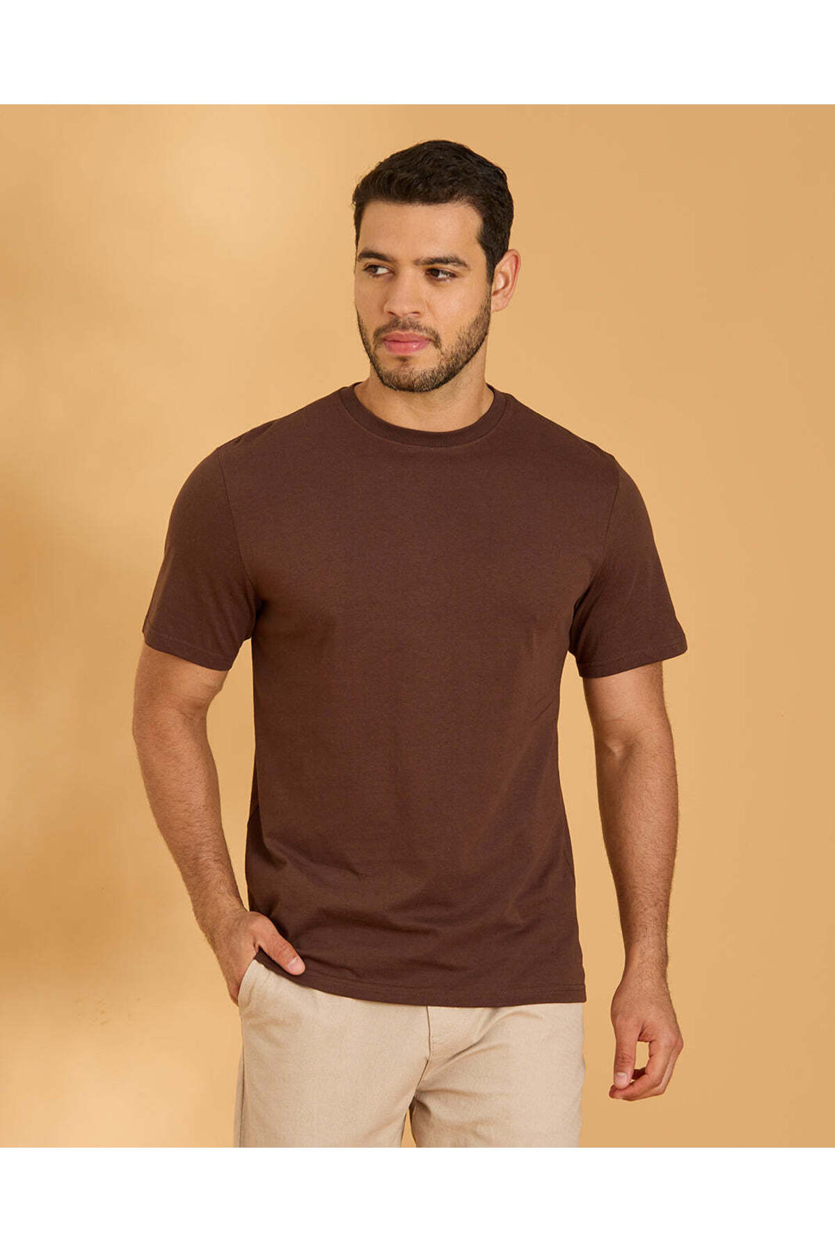 REDTAG Men Brown Plain T-Shirt