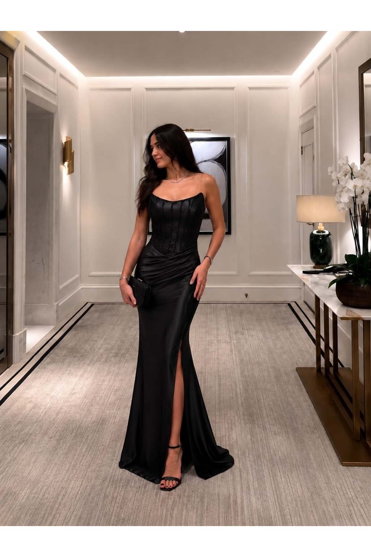Modafeminen Siyah İp Askılı Boncuk İşlemeli Korsajlı Yırtmaçlı Abiye Elbise 583402 görsel 3