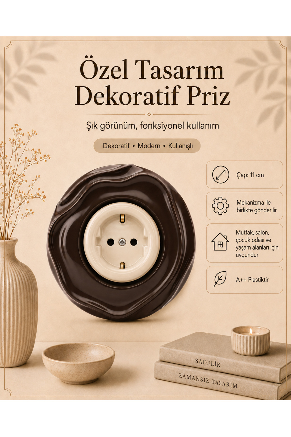 Özel Tasarım Wavy Serisi Dış Kahve İç Krem Dekoratif Priz A Kalite Plastik (Mekanizma Dahildir)