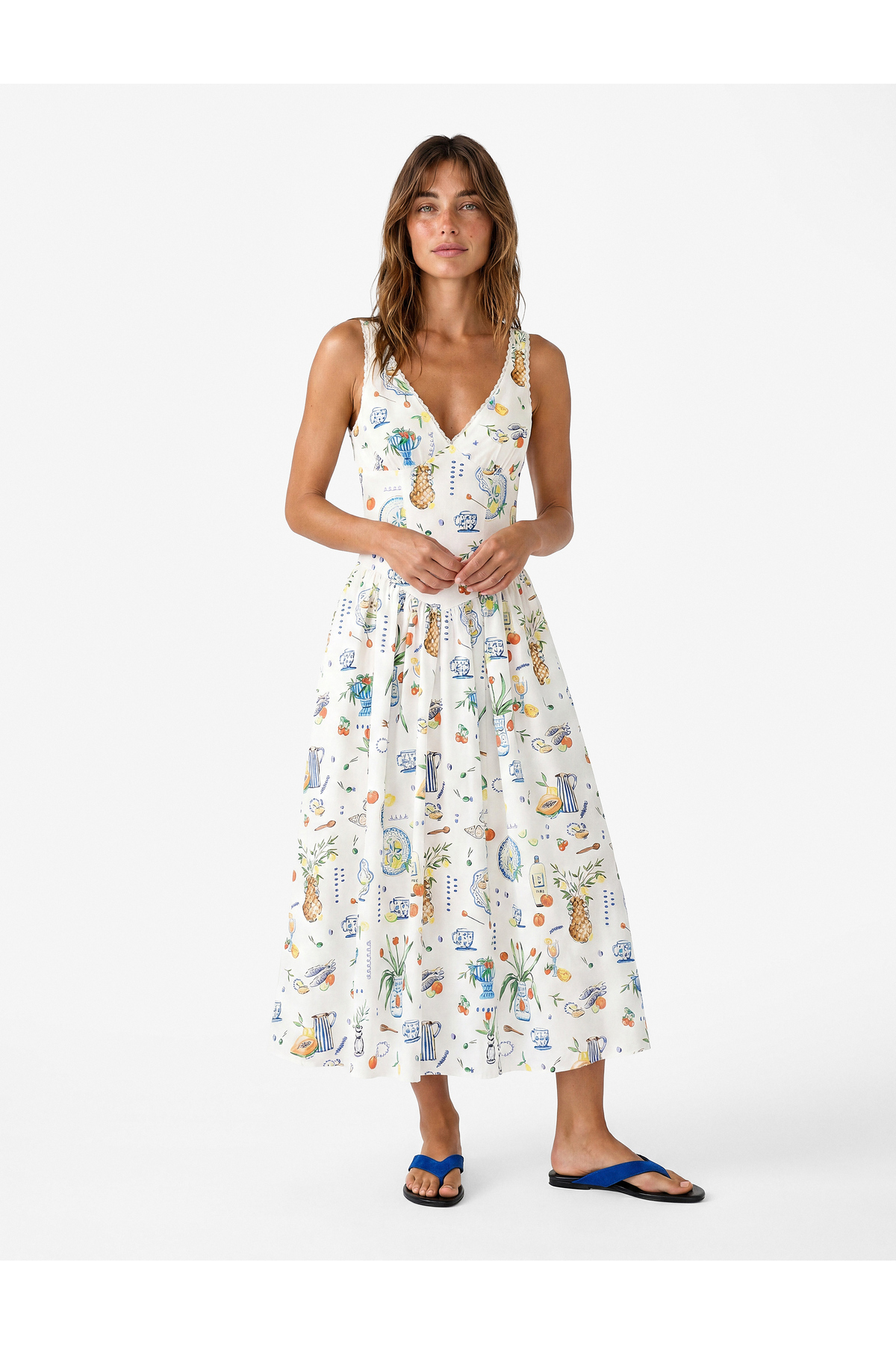 Koton X Şahika Ercümen - Amalfi Themed Fruit Printed Lace Corseted Sweetheart Neckline Strap Poplin Dress
