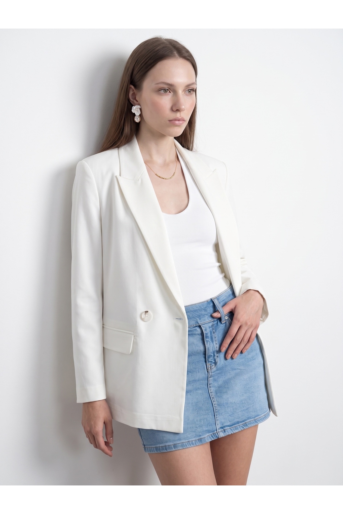 Dilvin 60812 Saten Blazer Ceket-Beyaz görsel 2