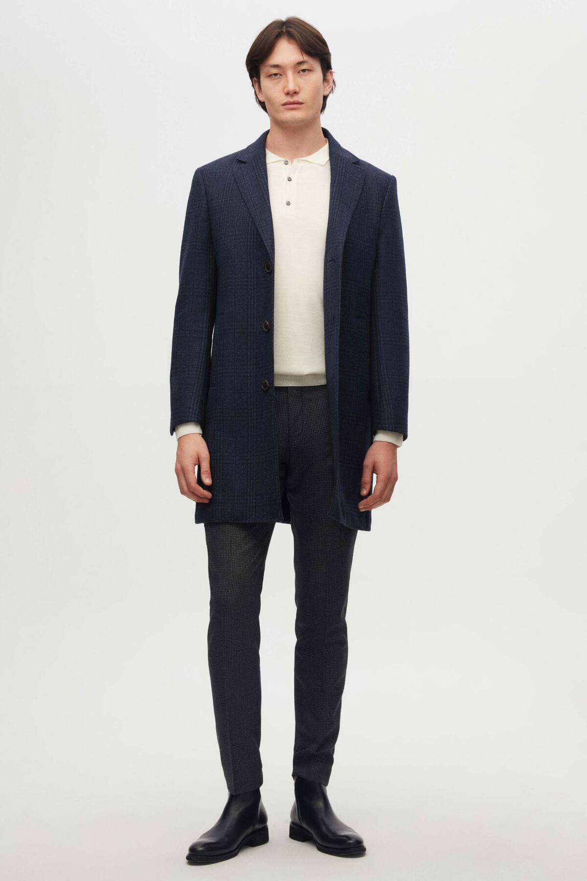 Damat Slim Fit Lacivert Ekose Yün Palto görsel 5