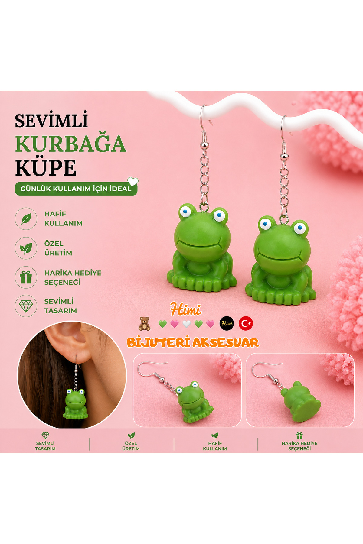 Neşeli Kurbağa Hayvan Figürlü Sallantılı Küpe Hafif Tasarım Günlük Kullanım Bijuteri Çocuk Küpesi