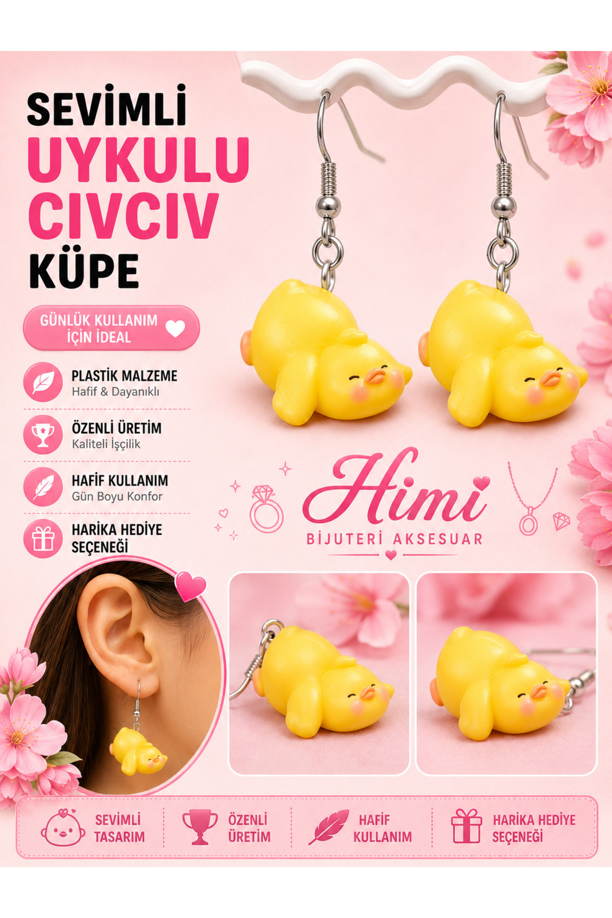 Uykucu Civciv Neşeli Sevimli Hayvan Figürlü Sallantılı Küpeler Hafif Tasarım Günlük Kullanım Bijuteri Çocuk Küpesi