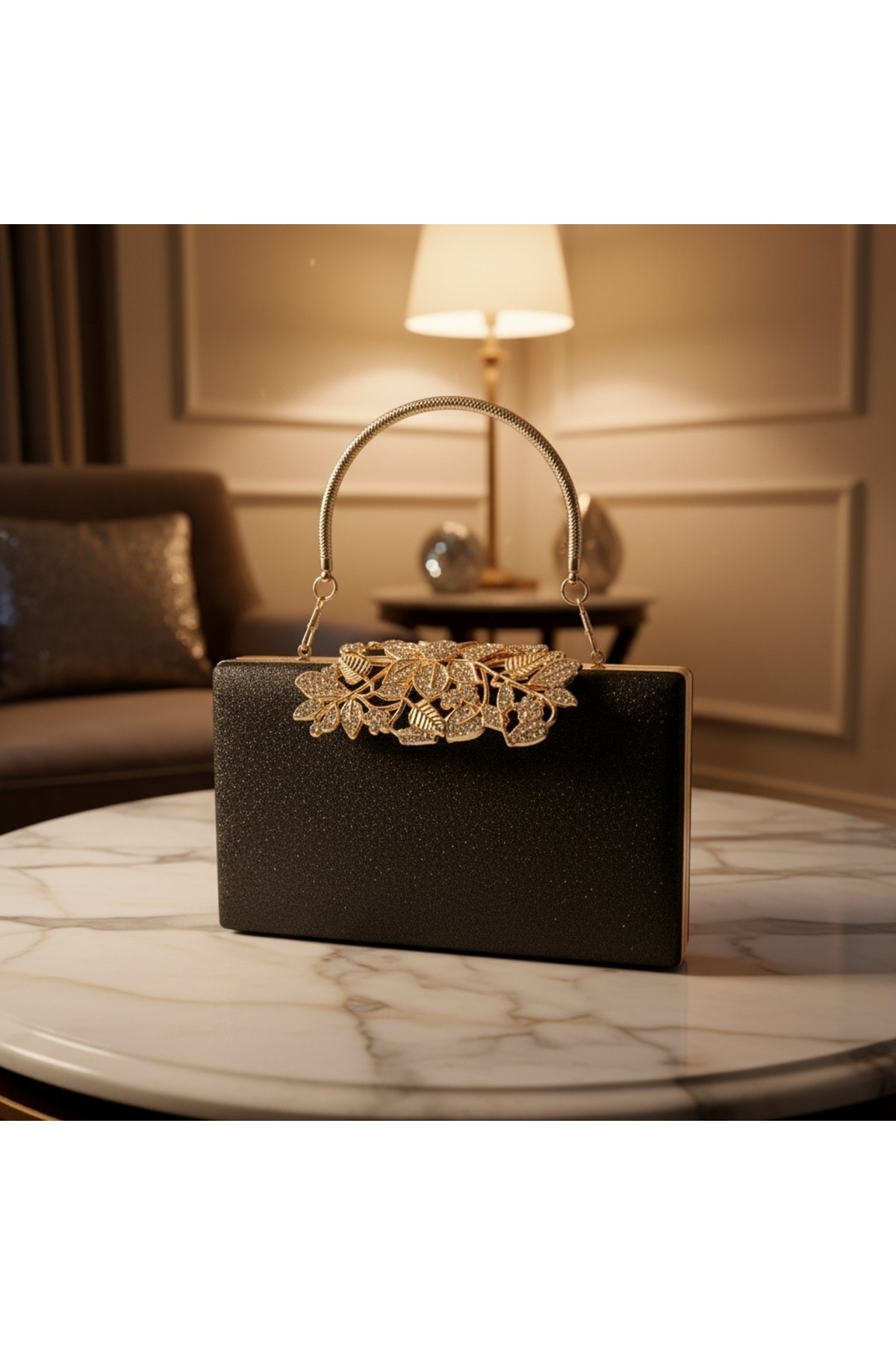 Dilora Lüks Görünümlü Gold Taş İşlemeli Siyah Kadın Abiye Çanta Işıltılı Clutch Portföy Düğün Nişan Gece Davet Çantası görsel 3