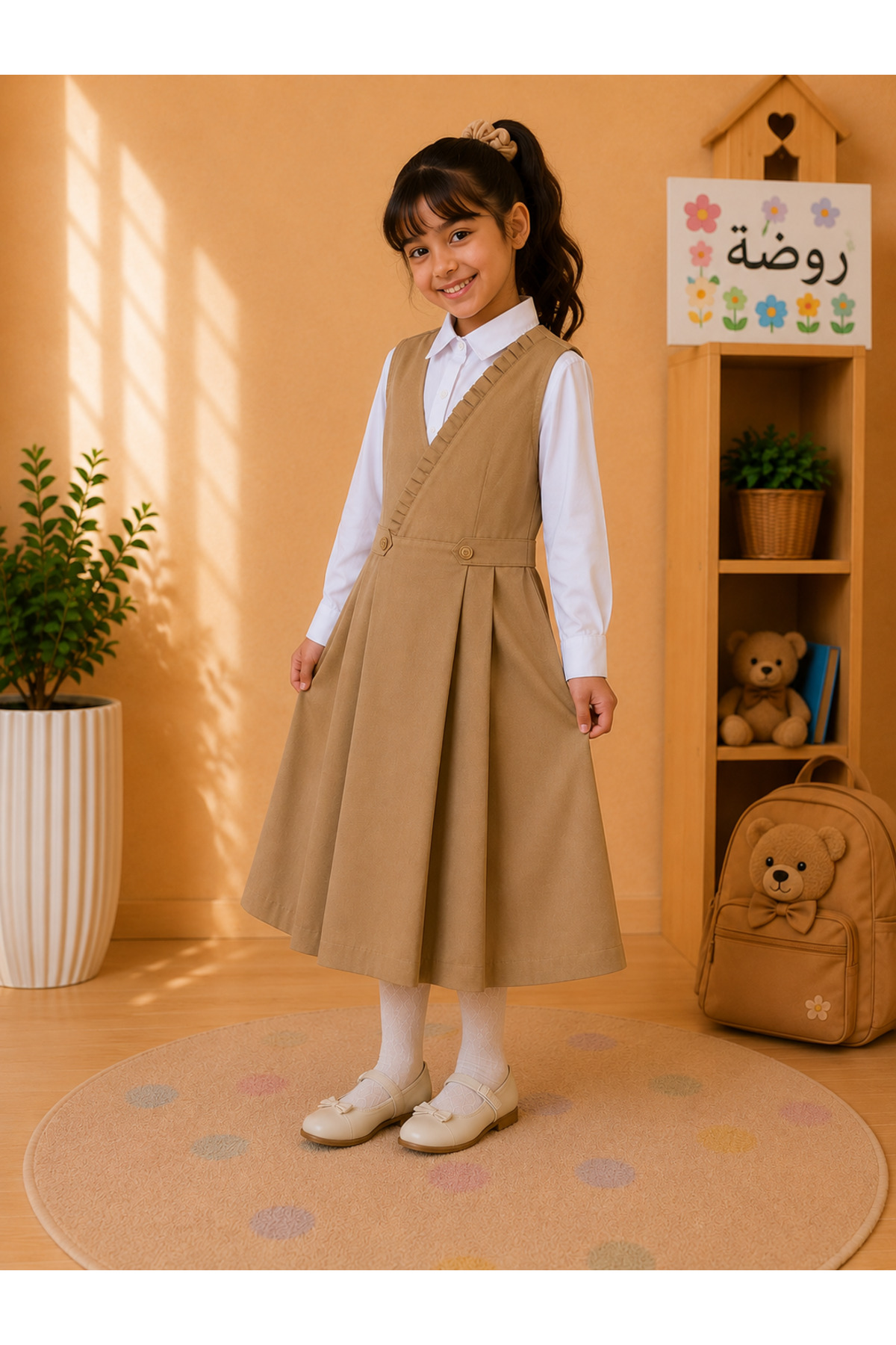 Girls’ Kindergarten School Uniform Set – Beige Pinafore with White Long Sleeve Shirt (مريول روضة)