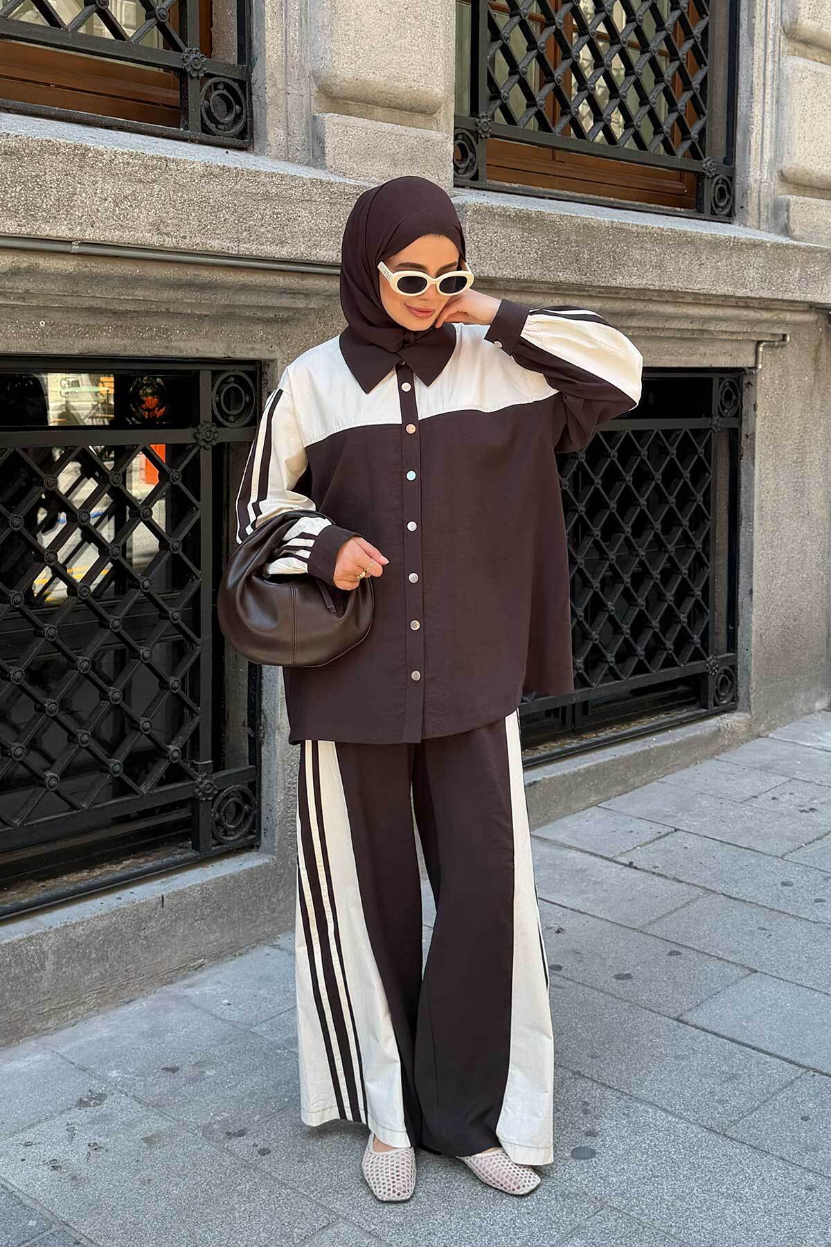 LOCCO Women's Snap Detail Double Color Thick Striped Suit Brown
