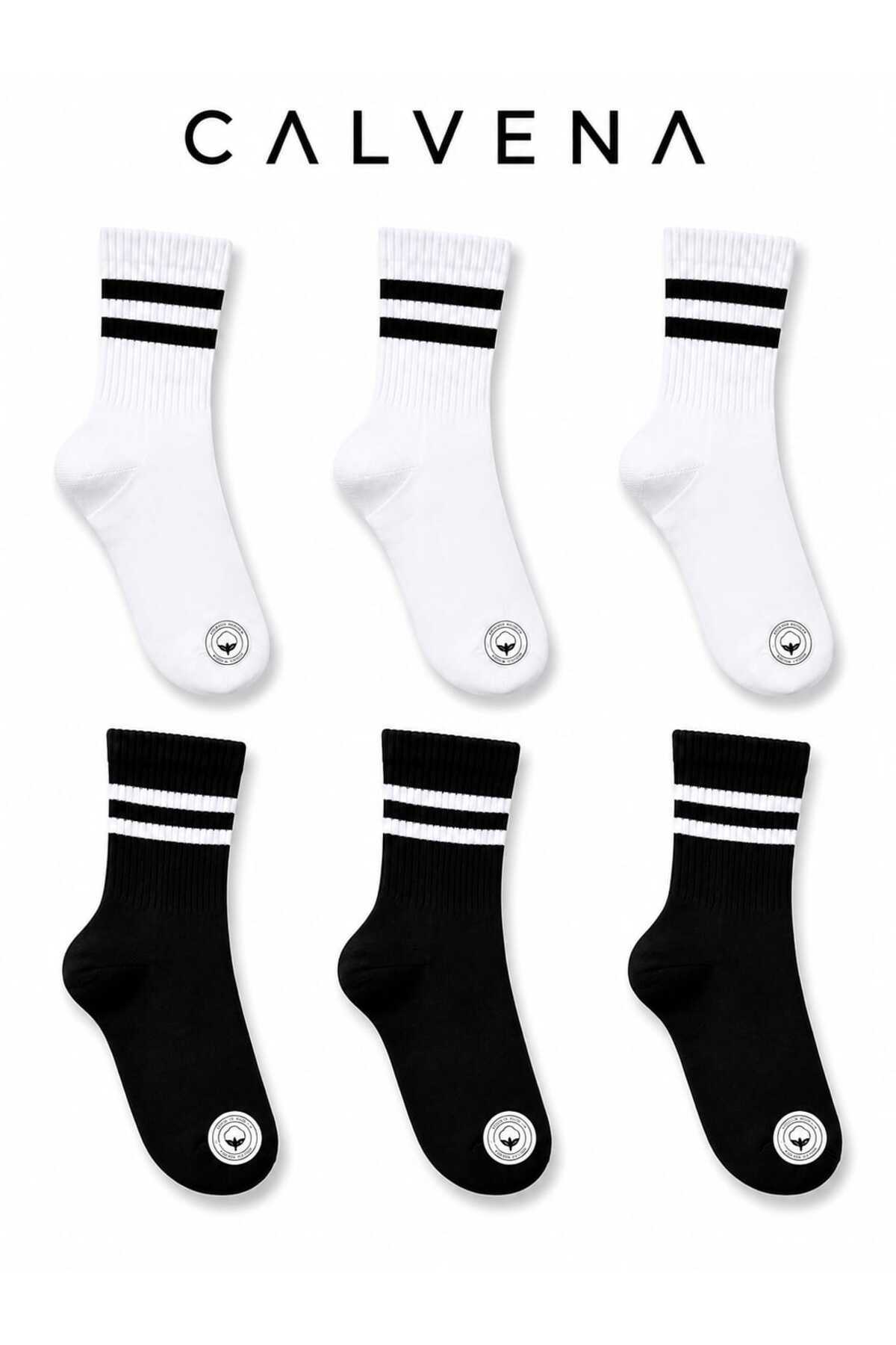 Calvena Unisex 6 Çift Pamuk Dokumalı Çizgili Kısa Tenis Kolej Çorap