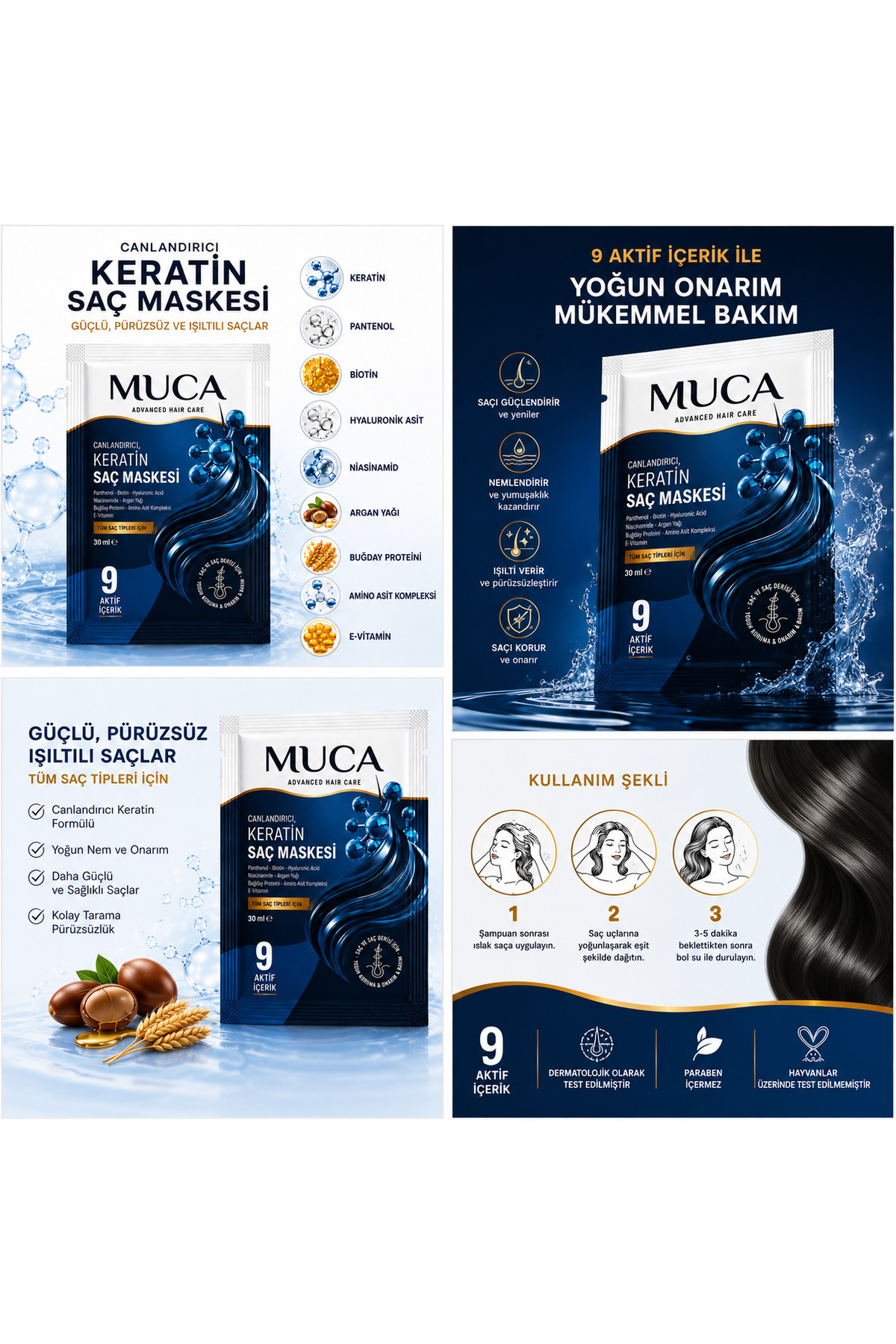 Keratin Saç Maskesi 30 ml | Onarıcı, Nemlendirici ve Besleyici Saç Bakım Maskesi (4'lü PAKET) — DÖRTLÜKERATİN — تصویر 3 از 7