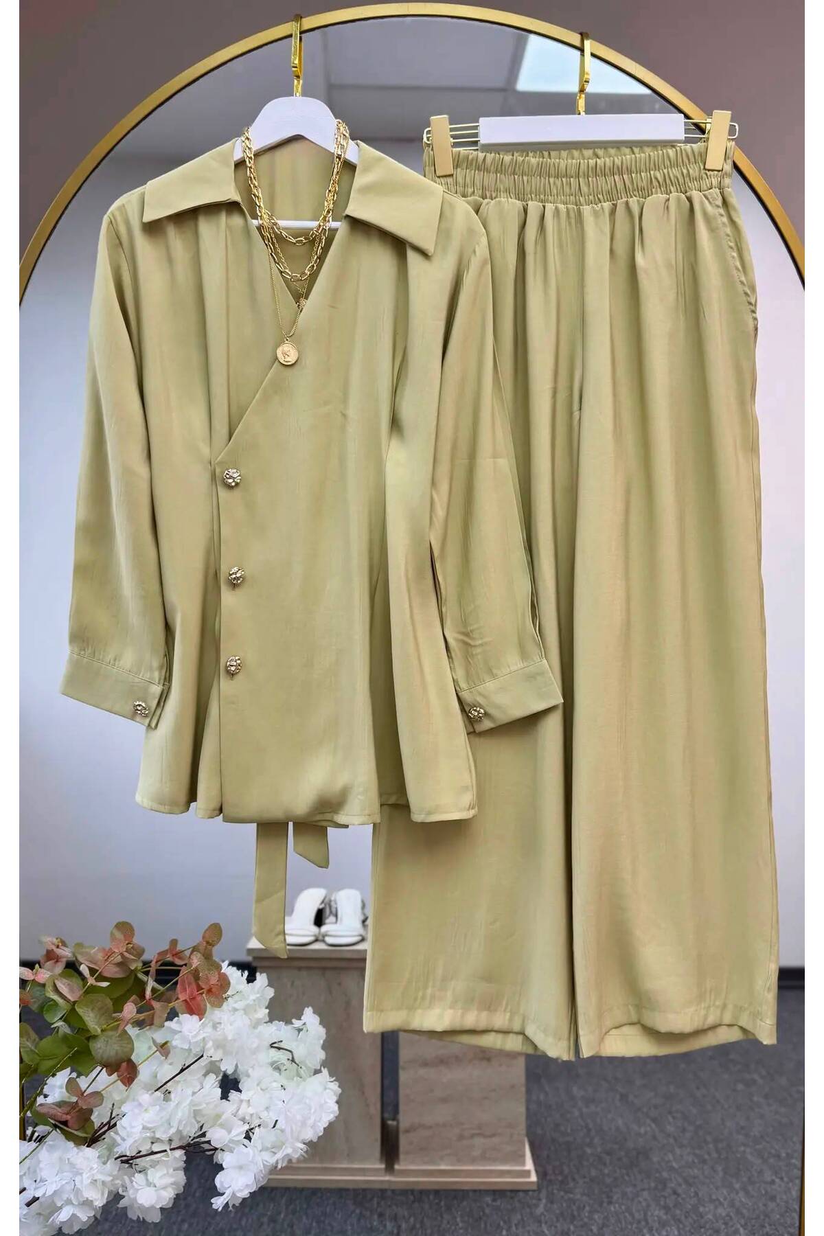 mylunessa Side Button Detail, Belted, Pensile Jacket, Pants, Tessture Tencel Fabric Suit