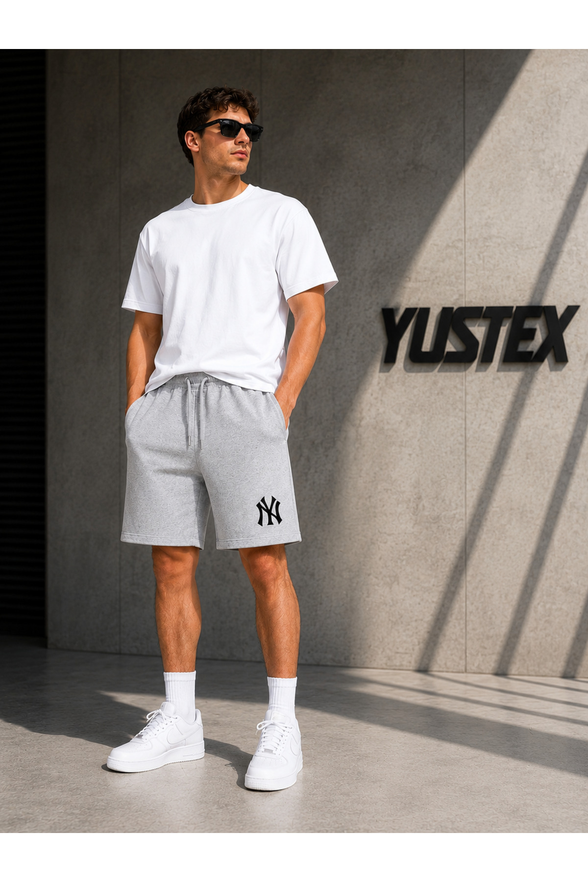 yx yustex sport 3'lü Şort Erkek NY Baskılı (Siyah-Gri-Lacivert) Basic Yazlık Şort Seti - Diz Üstü Rahat Kalıp 3'lü Ekonomik Paket görsel 3