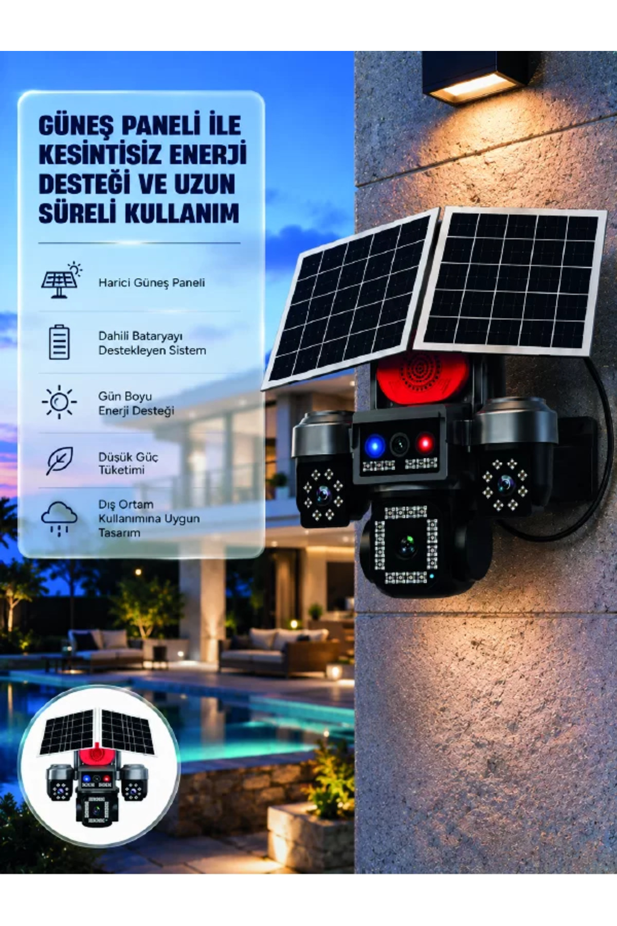 Güneş Enerjili 4 Lensli Dış Mekan Güvenlik Kamerası IP66 Su Geçirmez
