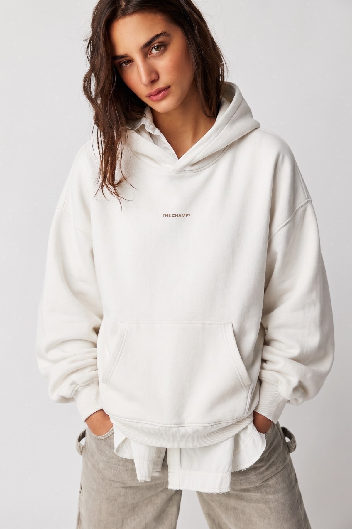 The Champ Clothing Unisex Oversize Sweatshirt Hoodie the Champ Printed White – Hooded, Kangaroo Pocket, 3 Thread Ribs