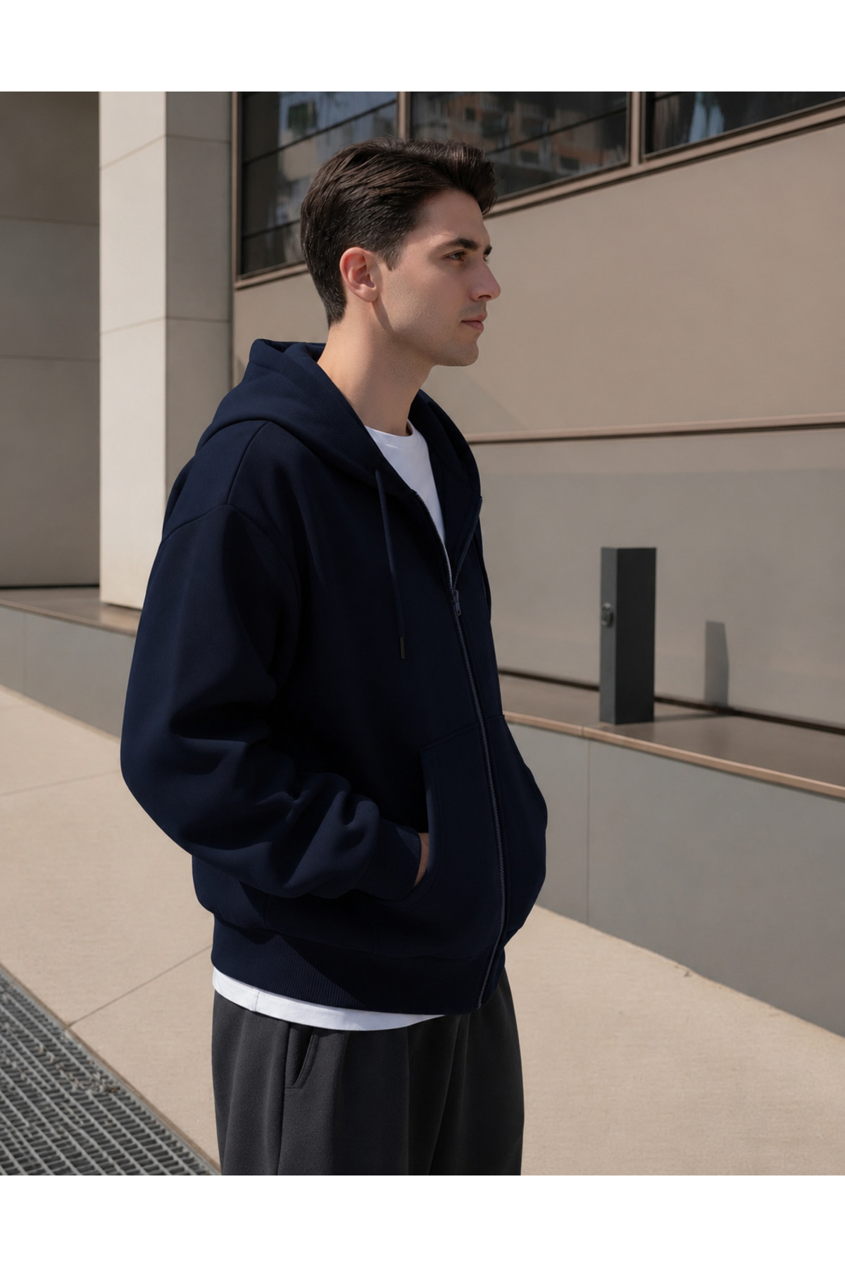 YAKAMEL ERKEK 3 İPLİK FERMUARLI KAPÜŞONLU OVERSİZE RAHAT SWEATSHIRT HIRKA görsel 4