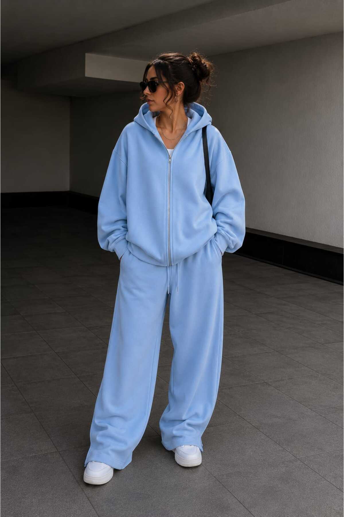 Unisex Oversize Fermuarlı Kapüşonlu Eşofman Takımı — آبی 00049 — تصویر 2 از 6