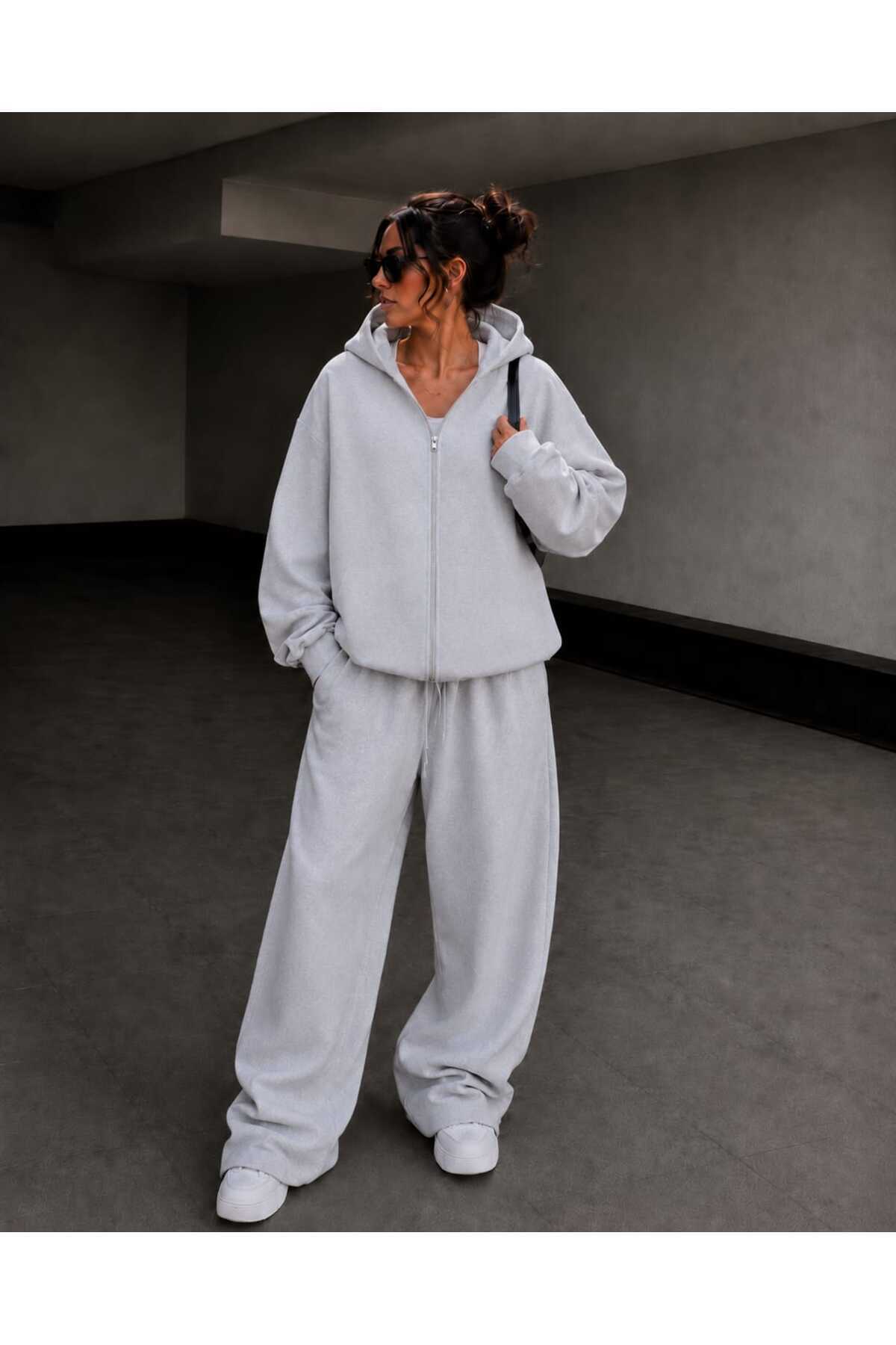 Unisex Oversize Fermuarlı Kapüşonlu Eşofman Takımı — خاکستری 00049 — تصویر 2 از 4
