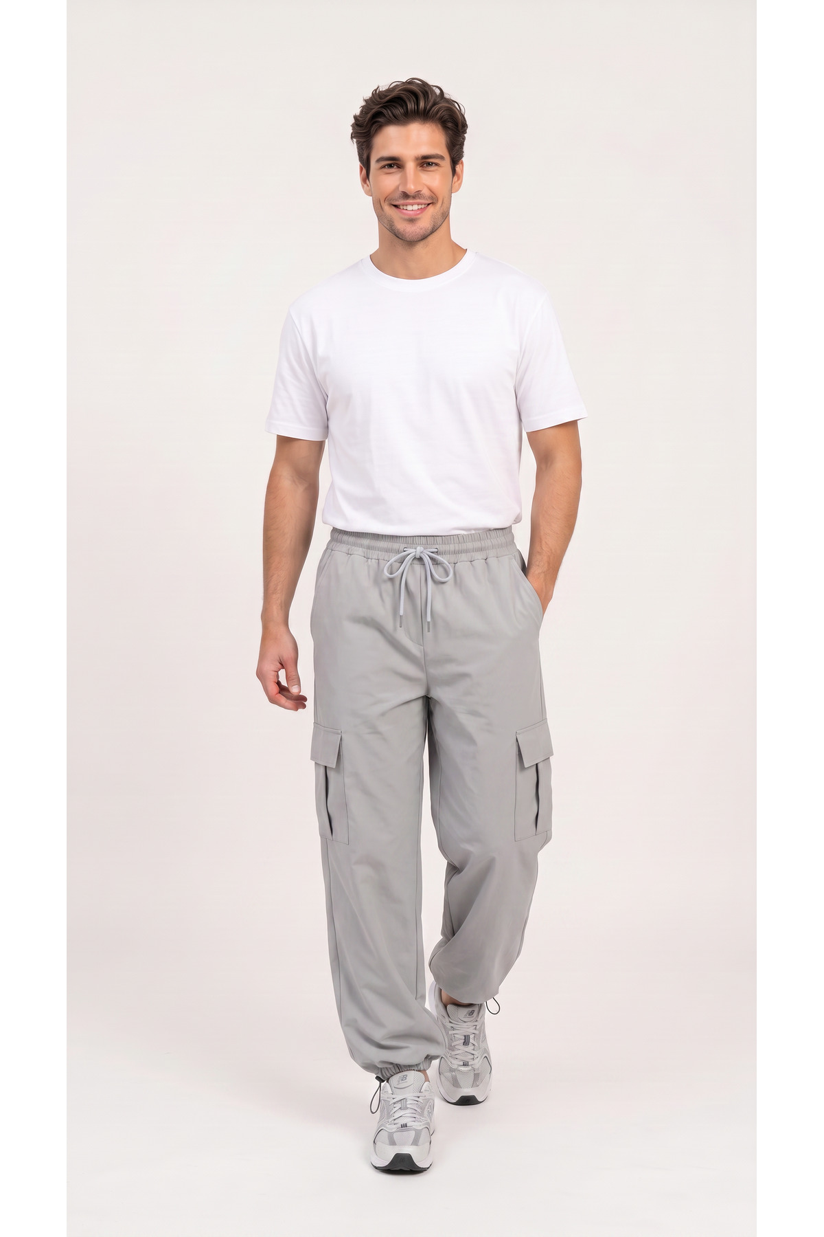 BADESSA Men's Gray Cargo Pocket Thin Parachute Fabric Pants, Comfortable Fit Baggy with Adjustable Leg Clips