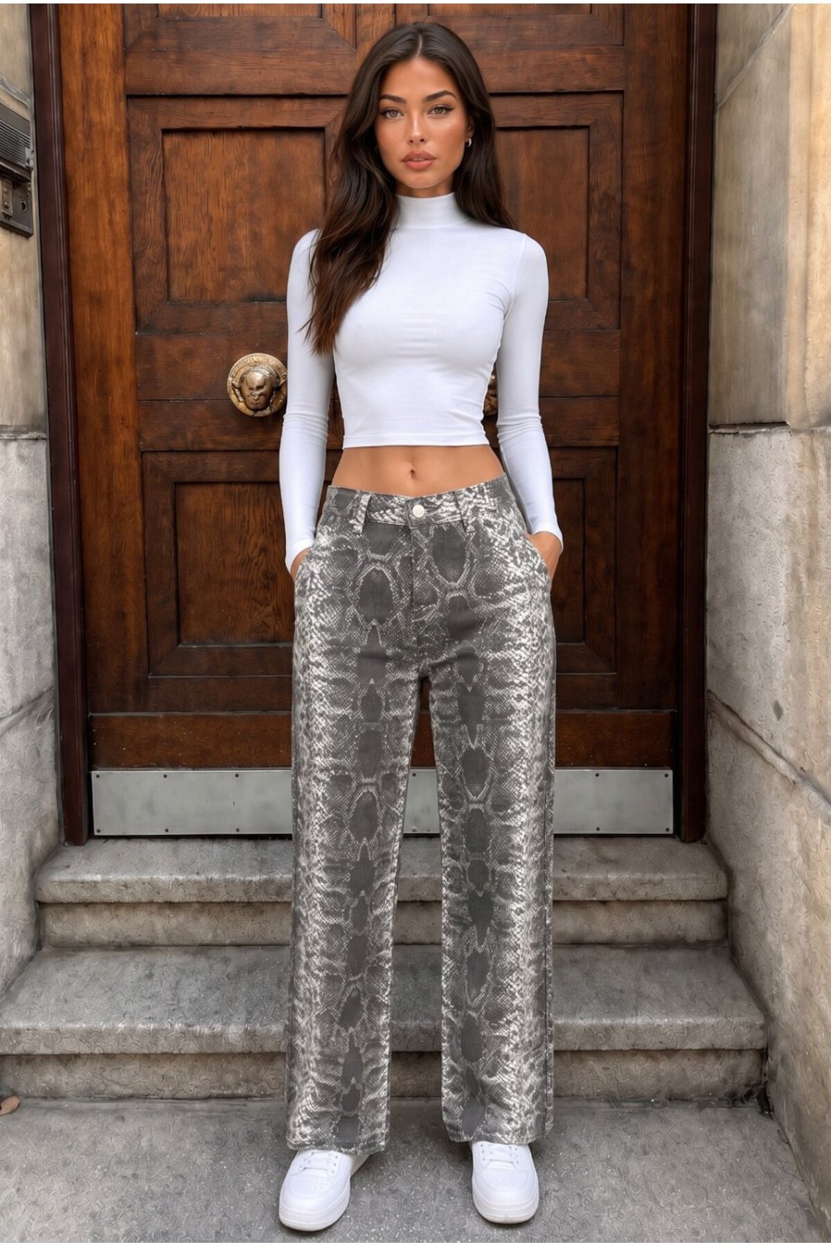 Yılan Desenli Yüksel Bel Wide Leg Lıkralı Palazzo Jean Füme 3